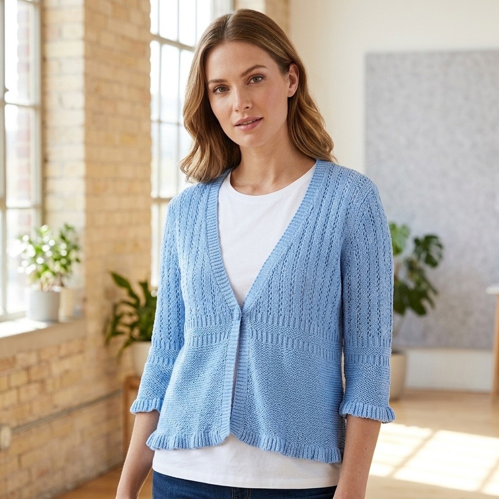 New C'est City Womens Size XL Blue Crochet Knit Cardigan Sweater Ruffle Sleeve